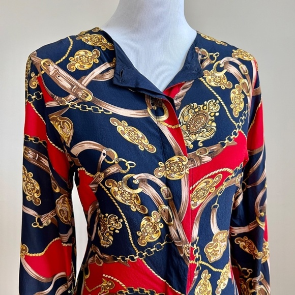 Vintage Stephanie Andrews 100% Silk Equestrian Navy Red Button Down Blouse Shirt - Picture 8 of 16